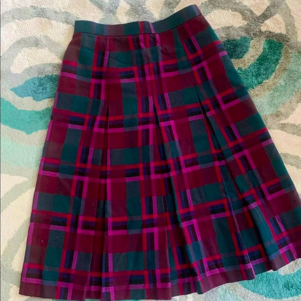 True Vtg Fuschia & Green Plaid Pleated Wool Skirt